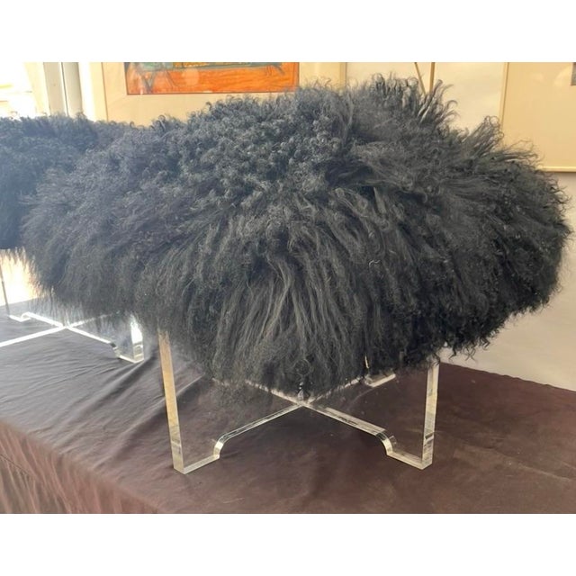 Black Pair of Jonathan Adler Black Mongolian Lamb Fur Lucite Benches / Ottoman’s For Sale - Image 8 of 12