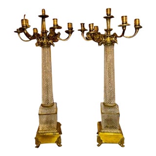 Pair of French Crystal and Bronze Candelabras For Sale
