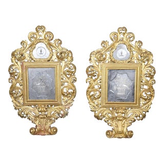 Large Pair Florentine Italian Gilded Rococo Mirrors With Etched Mirrored Panels For Sale