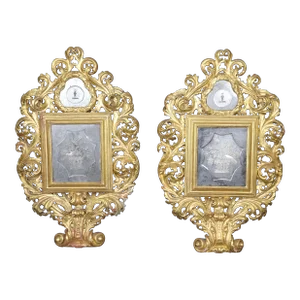 Large Pair Florentine Italian Gilded Rococo Mirrors With Etched Mirrored Panels