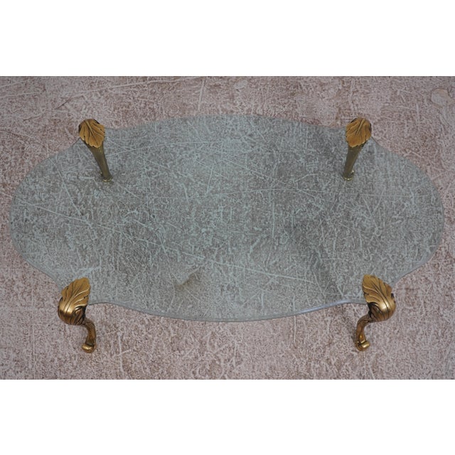 Hollywood Regency Labarge Brass & Glass Scroll Foot Coffee Table For Sale - Image 3 of 12