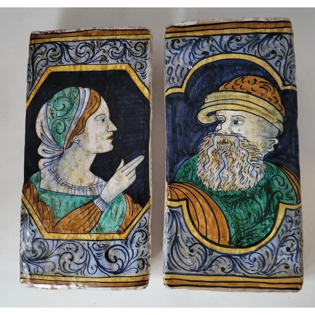 Ceramic Pair of Italian Majolica Portrait Tiles, Renaissance Revival Figures For Sale - Image 7 of 7