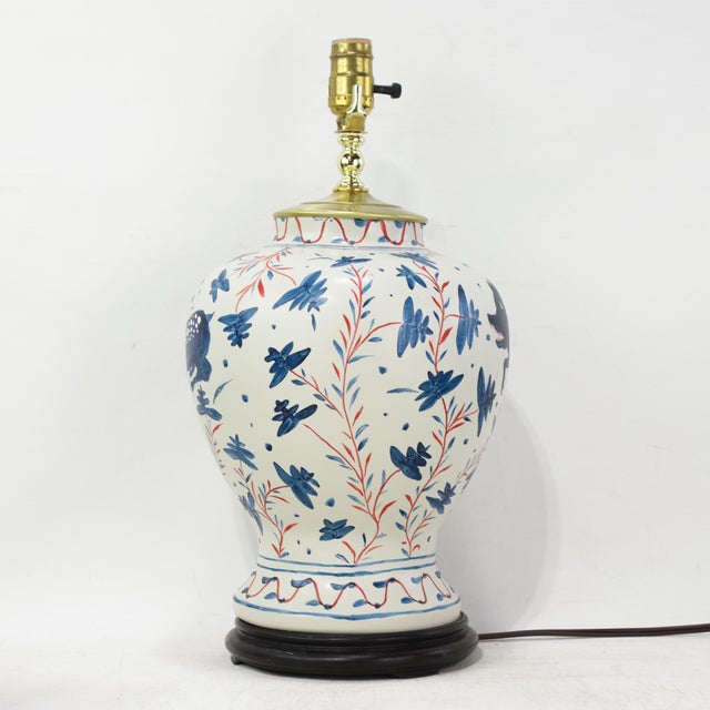 Pair of Vintage Brunschwig & Fils Cadiz Table Lamps - Blue and Cream Ceramic With Boar and Deer Motif For Sale - Image 4 of 15