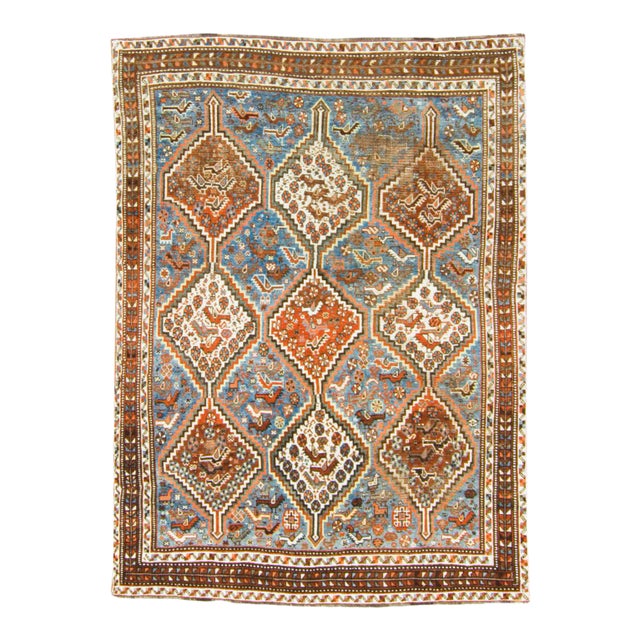 1910s Antique Geometric and Figural Brown Blue Wool Hand-Knotted Rug For Sale