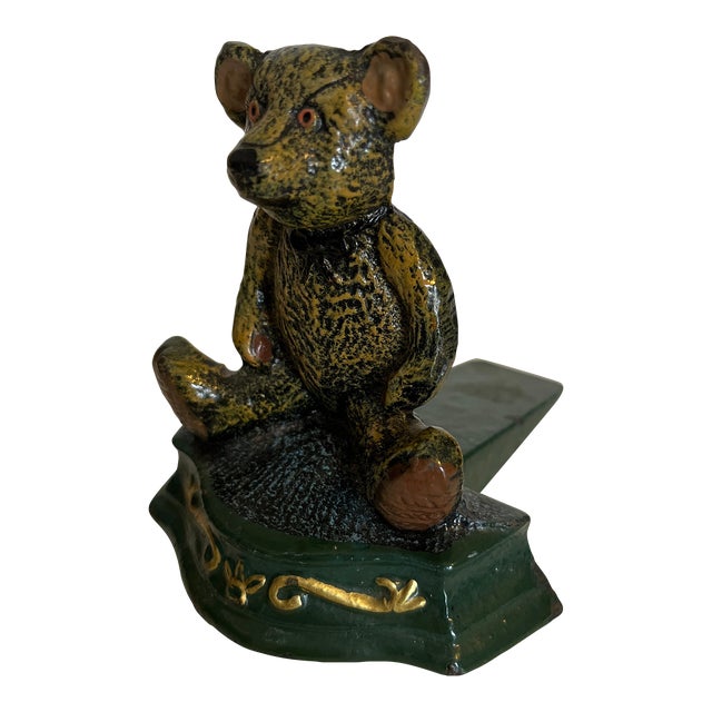 Mid 20th Century Small Hand Painted Cast Iron Doorstop - Teddy Bear For Sale