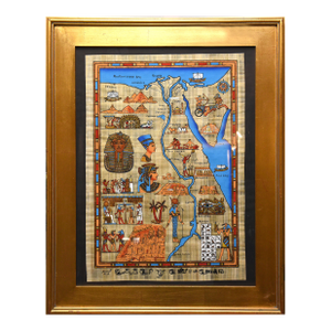 1990s Ancient Egypt Map & Life Scenes on Papyrus, Framed