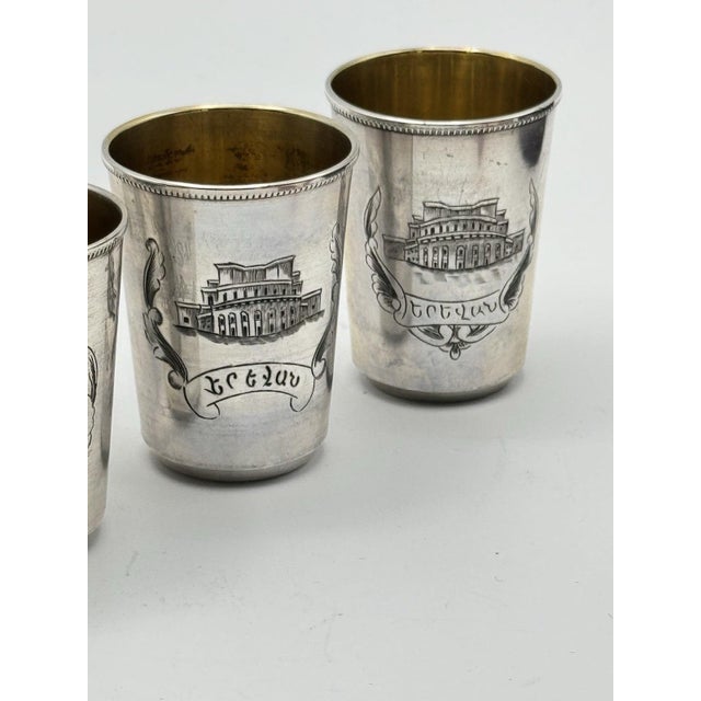 1950s Rare 5 Soviet Armenian 875 Silver Vodka Cups 875 Star Russian Hallmark 875 Silver Purity Yerevan Opera 1955 Gilt For Sale In Richmond - Image 6 of 8