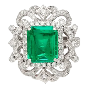 GIA Certified 3.75 Carat Colombian Emerald in Art Deco 18K Gold and Diamond Ring, Size 7