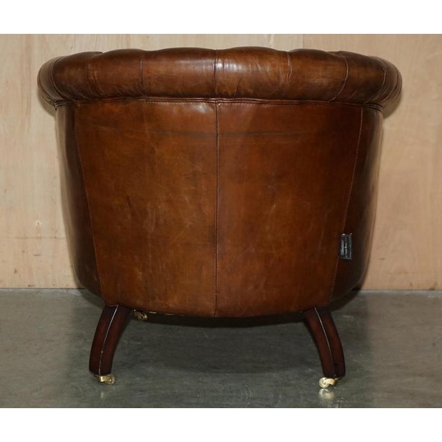 Hand-Dyed Brown Leather Chesterfield Club Tub Barrel Armchair with Brass Castors For Sale - Image 14 of 18