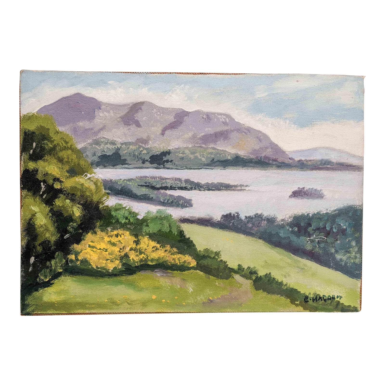 Picturesque Vintage Oil Landscape Painting Of Mountains And Lake Scene Signed By Artist C Madahm Chairish