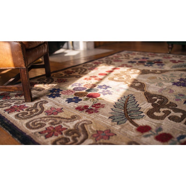 Ivory Marvelous Ivory Ground Color and Adorable Details Floral-Medallion Desing Antique American Hooked Rug For Sale - Image 8 of 8