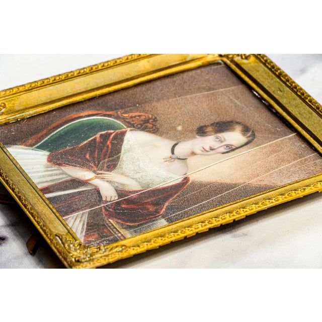 Refined Antique 19th Century Metal Framed Portrait Miniature Painting Woman For Sale - Image 15 of 16