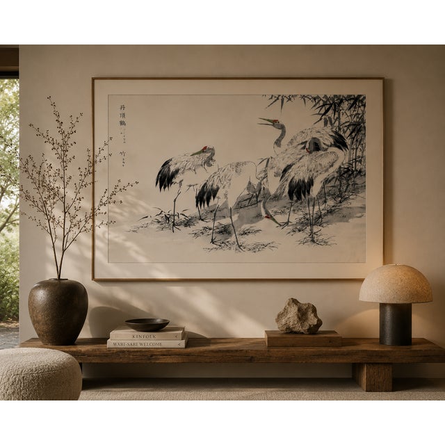 Japanese Cranes Among Bamboo, Vintage Japanese Art Print Reproduction, 36" X 24" For Sale - Image 10 of 12