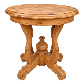 Solid Wood Carved Round Side Table, Handcrafted Vintage Accent Lamp Table For Sale