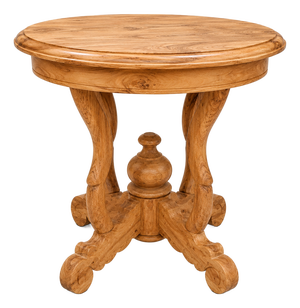 Solid Wood Carved Round Side Table, Handcrafted Vintage Accent Lamp Table