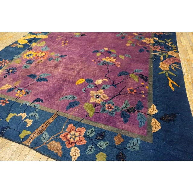 Art Deco 1920s Antique Purple Oriental Floral Chinese Handknotted Art Deco Wool Rug For Sale - Image 3 of 10