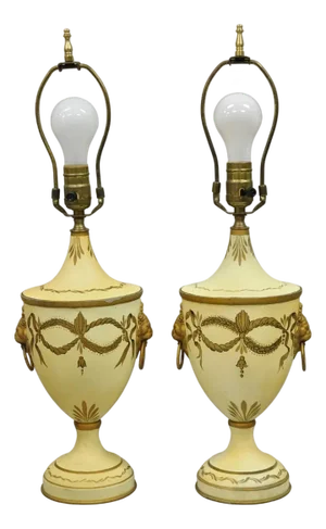 Vintage Italian Regency Tole Metal French Country Cream Gold Urn Table Lamp Pair