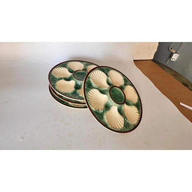 19th Century Green, White & Brown Glaze Majolica Oyster Plates, Set of 4 For Sale - Image 13 of 14
