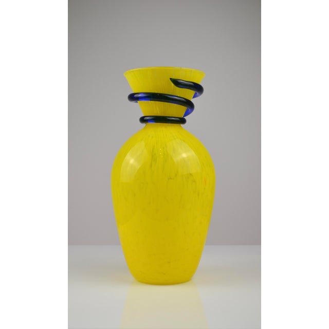 1980s Sculptural Yellow Art Glass Vase with Cobalt Blue Spiral Neck, 1980s For Sale - Image 5 of 9