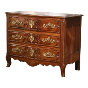 18th Century French Louis XV Carved Walnut Three-Drawer Commode Chest From Lyon