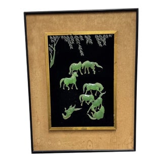 Asian Jade Horse Relief Art Framed Shadowbox, Vintage For Sale