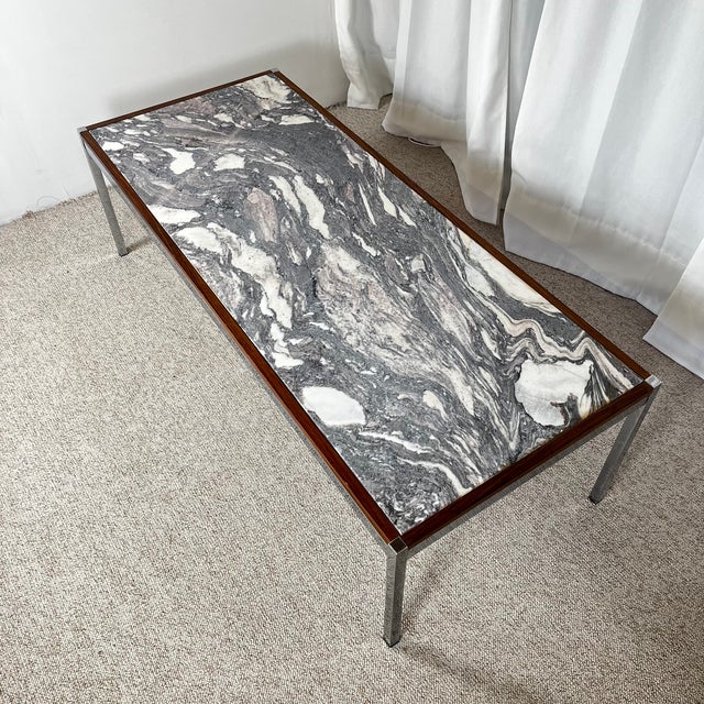 XL Mid-Century Modern Coffee Table in Metal, Walnut, and Arabescato Marble, Italy, 1970 Arabescato marble with a mix of...