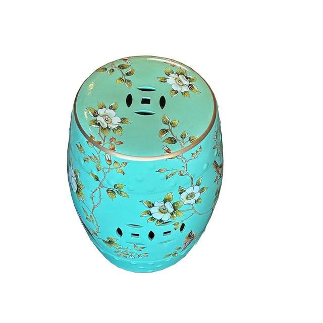 Asian Turquoise Blue Porcelain Flower Birds Round Barrel Stool Table For Sale - Image 3 of 10