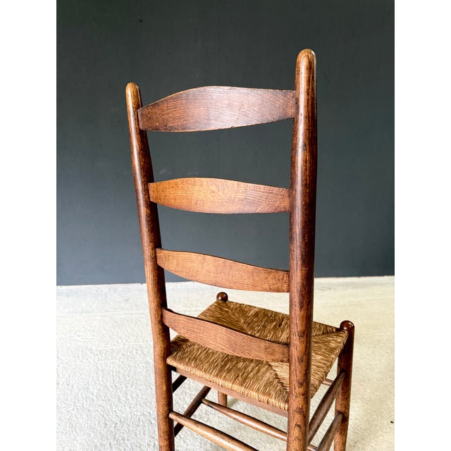 Rustic High Ladder Back Oak and Rush Dining Chairs, Belgium, 1950s, Set of 6 For Sale - Image 16 of 18