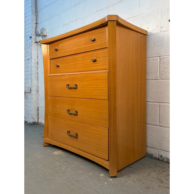 Mid-Century Modern Unique Mid 20th Century High-Boy Dresser W/ Brass Hardware For Sale - Image 3 of 15