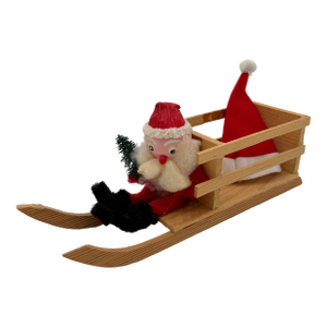 Vintage 1950s German Santa in Wooden Sled – Paper-Mâché Head & Bottle Brush Tree, Erzgebirge Style