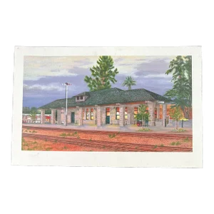 Santa Rosa Train Station Watercolor on Board Paper Painting Signed 1998