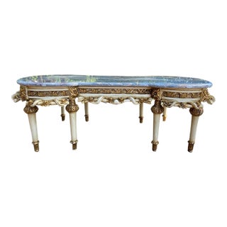 1980s Louis XVI Style Antique White Beech Marble Coffee Table For Sale