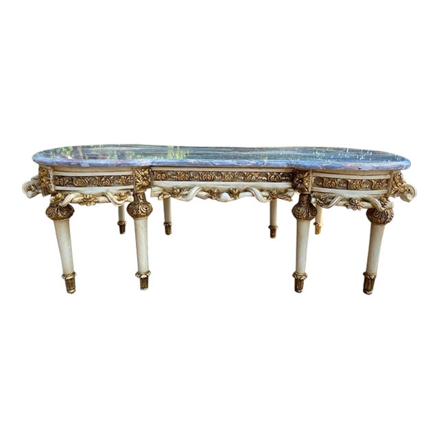 1980s Louis XVI Style Antique White Beech Marble Coffee Table For Sale