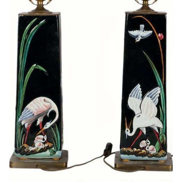 1940s 1940's Italian Majolica Bird Themed Lamps- A Pair For Sale - Image 5 of 6