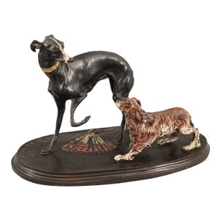 19thc French Signed p.j. Mene Cold Painted Bronze Sculpture of Whippet and King Charles Spaniel For Sale