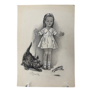 1940s Original Signed Graphite Illustration of Girl Walking Scottie Dog and Frog, 11 × 8 In. For Sale