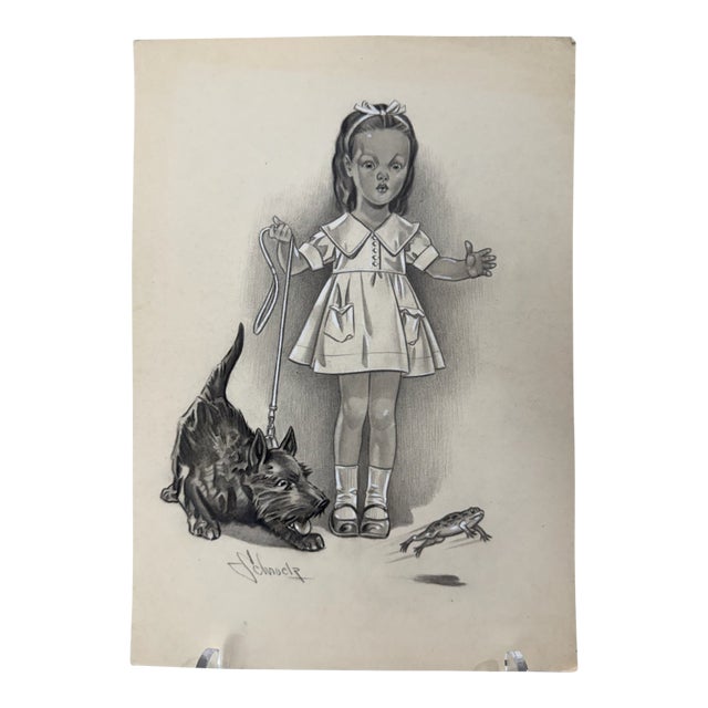 1940s Original Signed Graphite Illustration of Girl Walking Scottie Dog and Frog, 11 × 8 In. For Sale