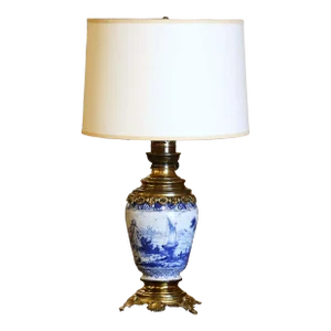 19th Century French Delft Blue and White Faience Oil Lamp With Brass Mounts
