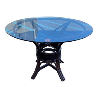 1980s Rattan, Bamboo and Round Glass Top Dining Table For Sale
