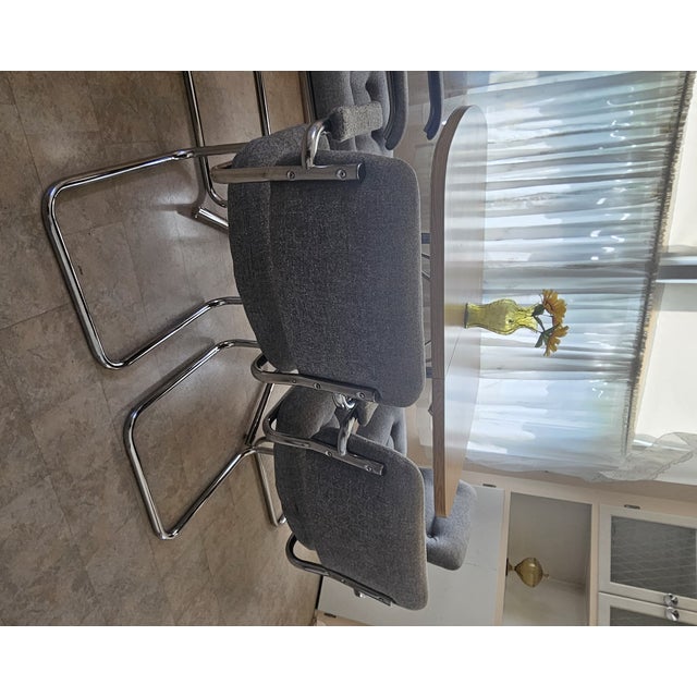 Chromcraft Corp. | 1975 Chrome Cantilever Dining Set | Table + Leaf + 6 Chairs For Sale - Image 10 of 13