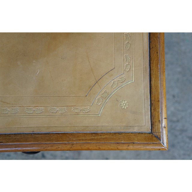 Brown Antique 19th C. English Regency Maple & Oak Tooled Leather Top Partner's Desk For Sale - Image 8 of 18