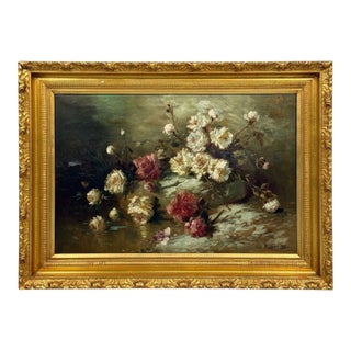 Floral Still Life, Oil on Canvas, a Fallen Vase With Flowers, American, 1920s For Sale