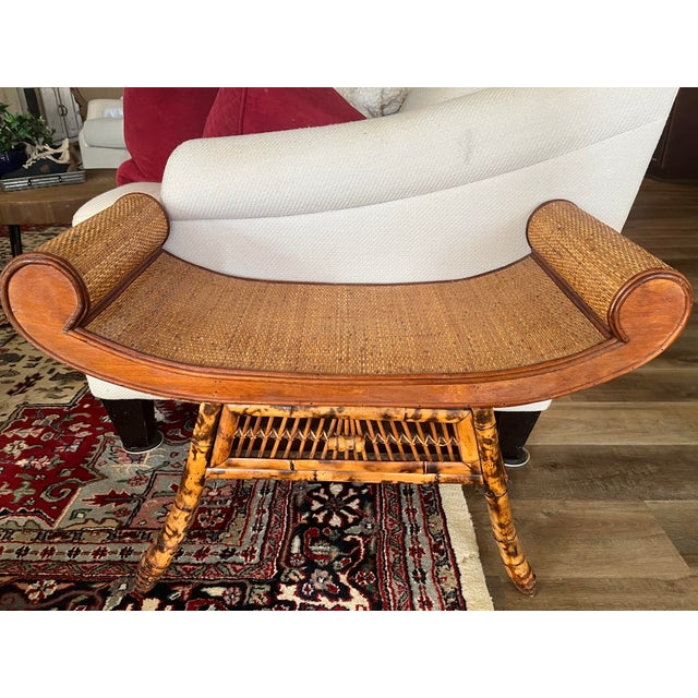 Vintage Asian Style Burnt Bamboo Scroll Arms Bench For Sale - Image 4 of 6