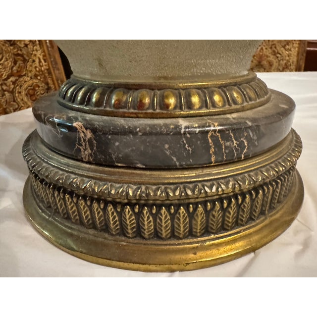 Vintage Mid-Century Modern Ceramic Table Lamp With a Textured, Fat Lava Glaze Base and Gold Floral Detailing. For Sale - Image 9 of 11