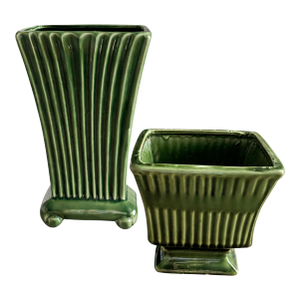 Pair of Vintage Green Ribbed Ceramic Cachepots With Pedestal Bases, Art Deco Style