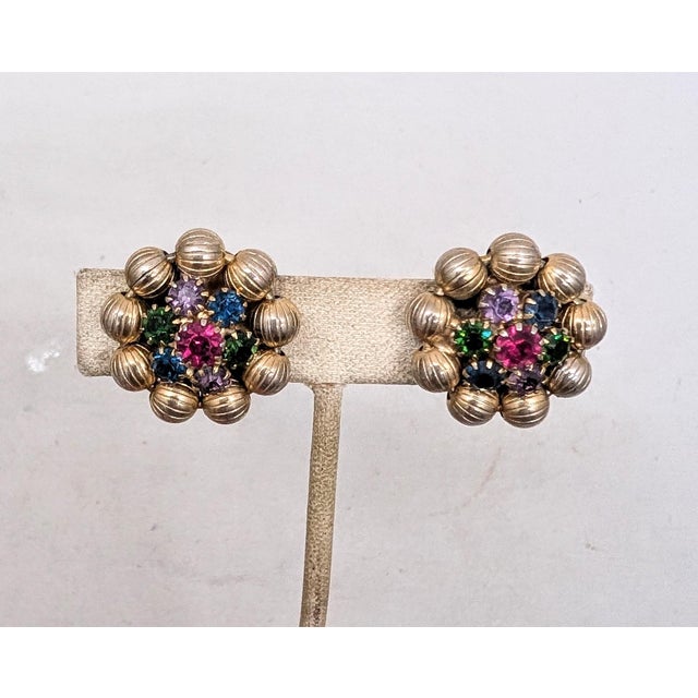 Vintage 1960s Signed Weiss Goldtone Faux-Ruby, Amethyst, Sapphire & Emerald Clip Earrings-2 Pieces For Sale In Philadelphia - Image 6 of 7