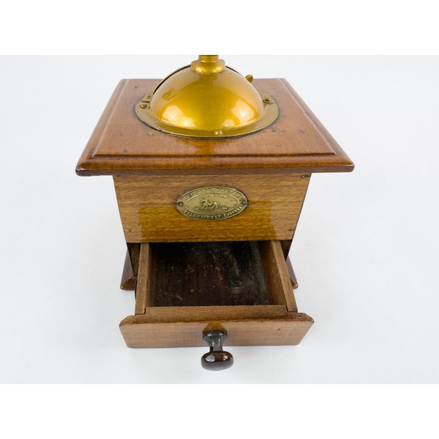 French Provincial Antique French Peugeot Frères Wooden Coffee Grinder With Gold-Tone Hopper – Early 20th Century For Sale - Image 3 of 16