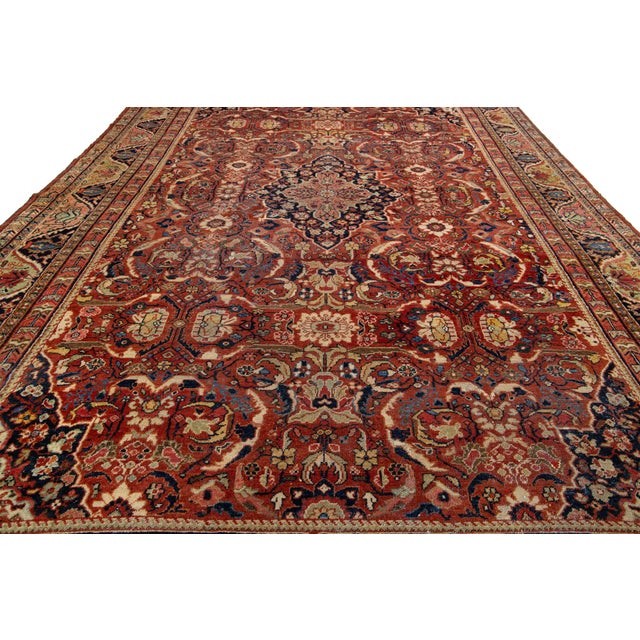 Red 11 X 17 Floral Designed Antique Persian Mahal Wool Rug in Red For Sale - Image 8 of 10
