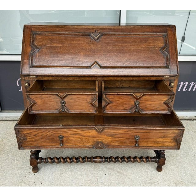 Early 20th Century C1900 Oak Barley Twist Secretary Desk For Sale - Image 5 of 12