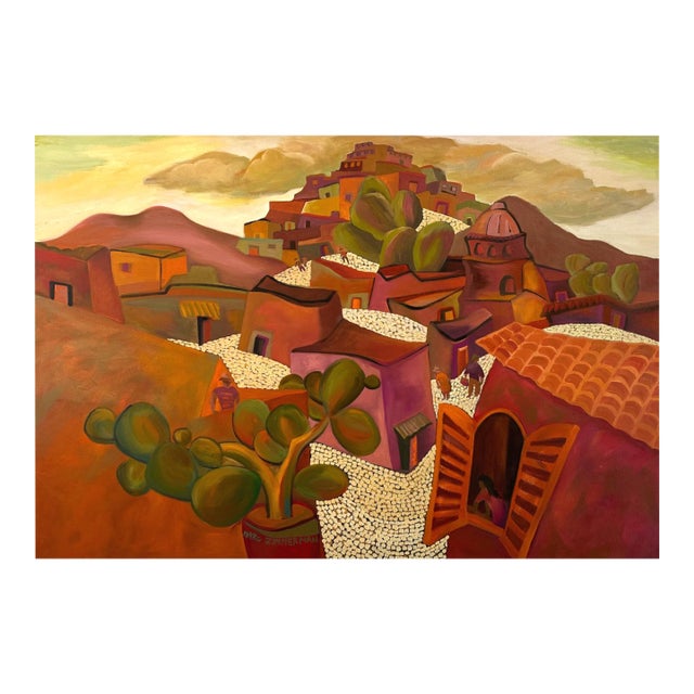 Marc Zimmerman "Cobbled Village" Oil Painting, Mediterranean Aerial View, Terracotta Rooftops, Warm Earth Palette, Contemporary Art West Coast For Sale